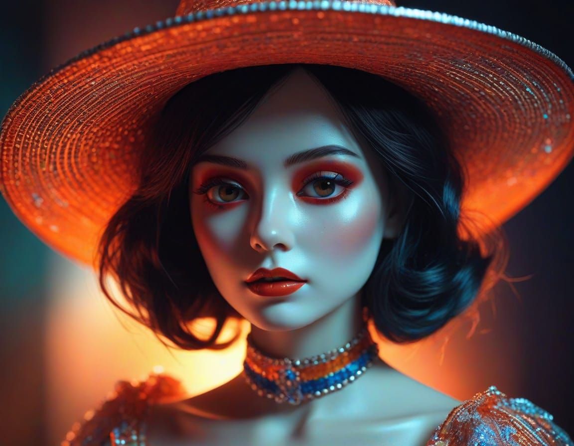 Ethereal Glow: Surreal Holographic Doll in Sombrero