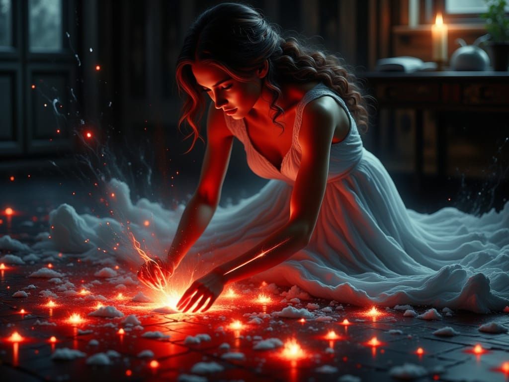 Woman Reassembling a Glowing Heart: Digital Art
