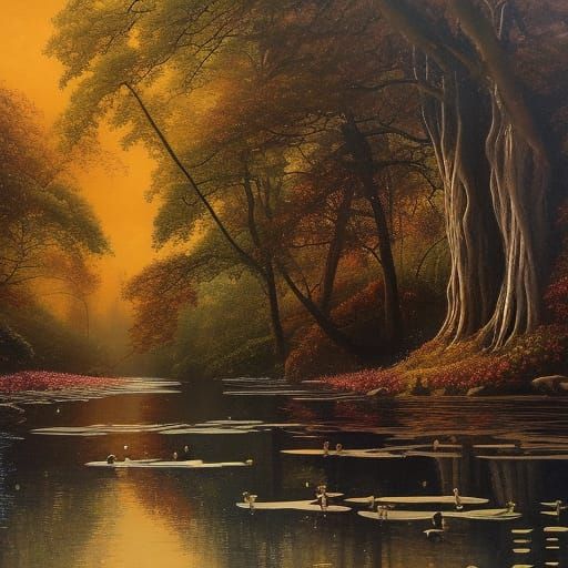 Autumnal Twilight Reflection: Ethereal Oil Painting