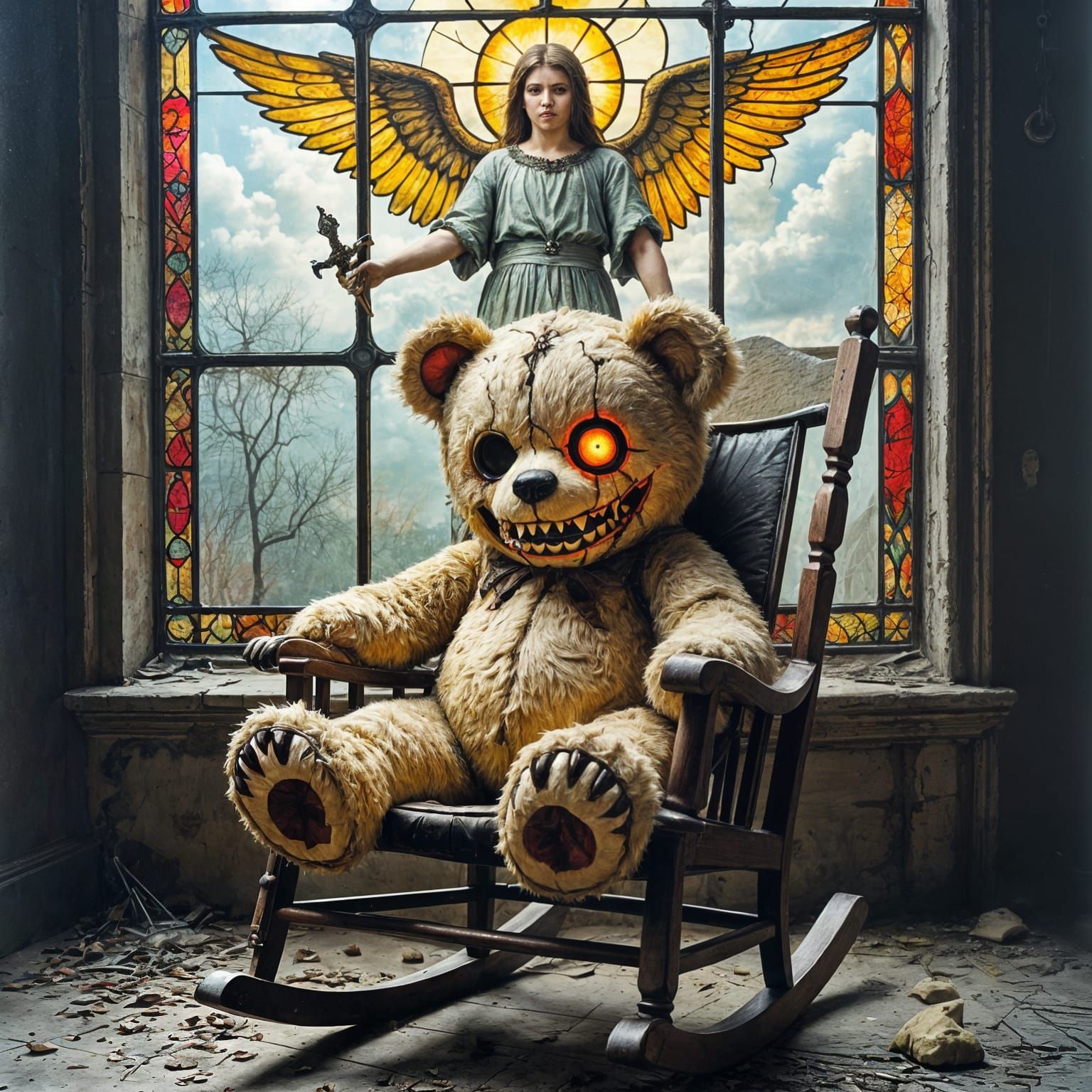 Distorted Teddy Bear in Gothic Surrealism Style