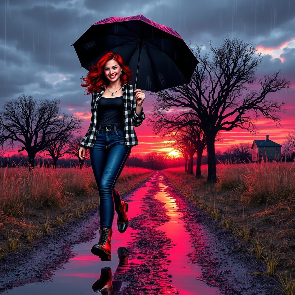 Cheerful Woman Steps Through Rainy Evening in Vibrant Graffi...