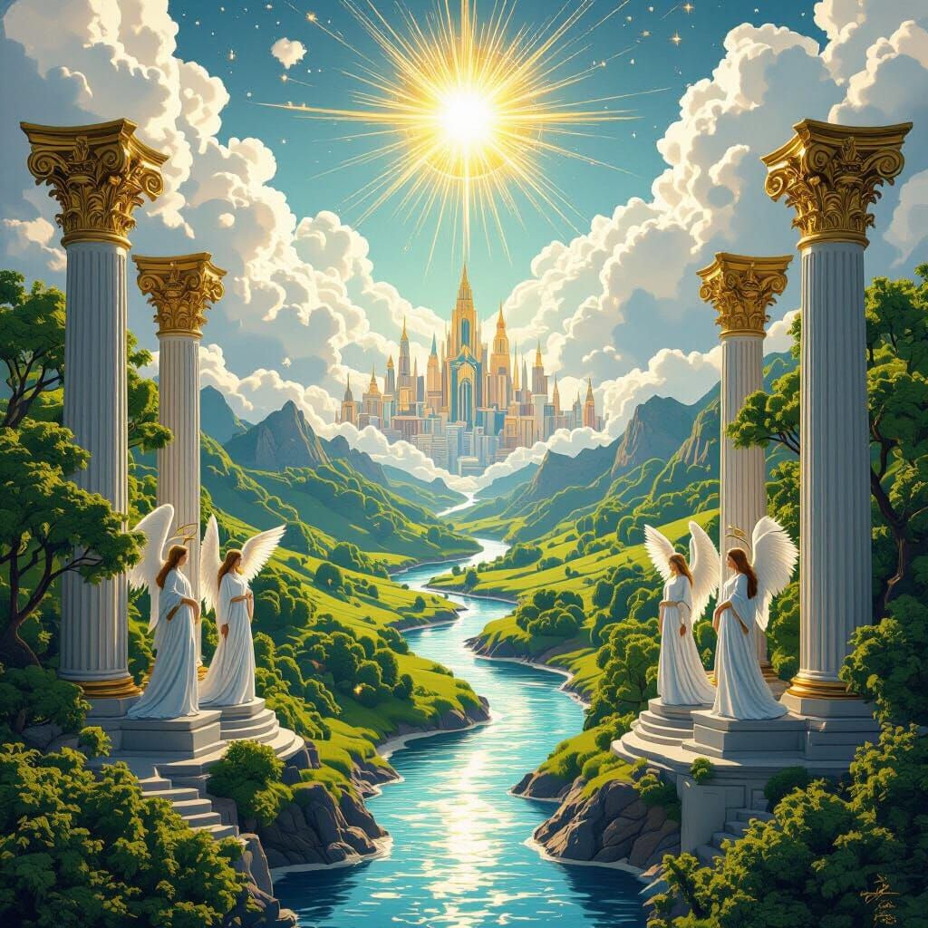 Angelic Celestial City in Lush Landscape