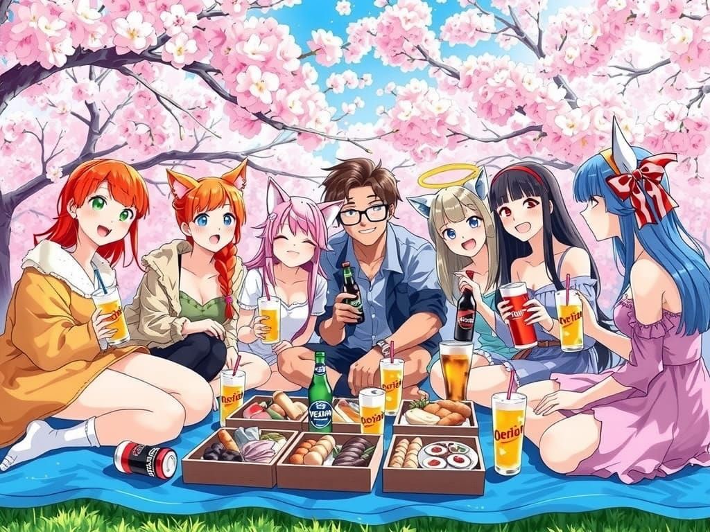Friends Celebrate Hanami in Vibrant Realism