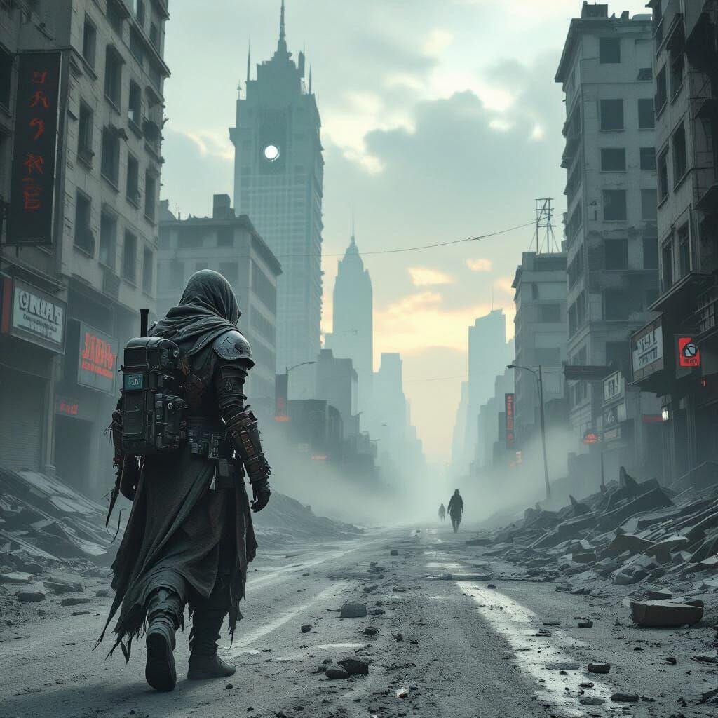 Lone Survivor in Desolate Post-Apocalyptic City