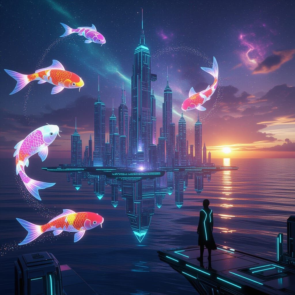 Futuristic Crystal City Floating in Cosmic Ocean