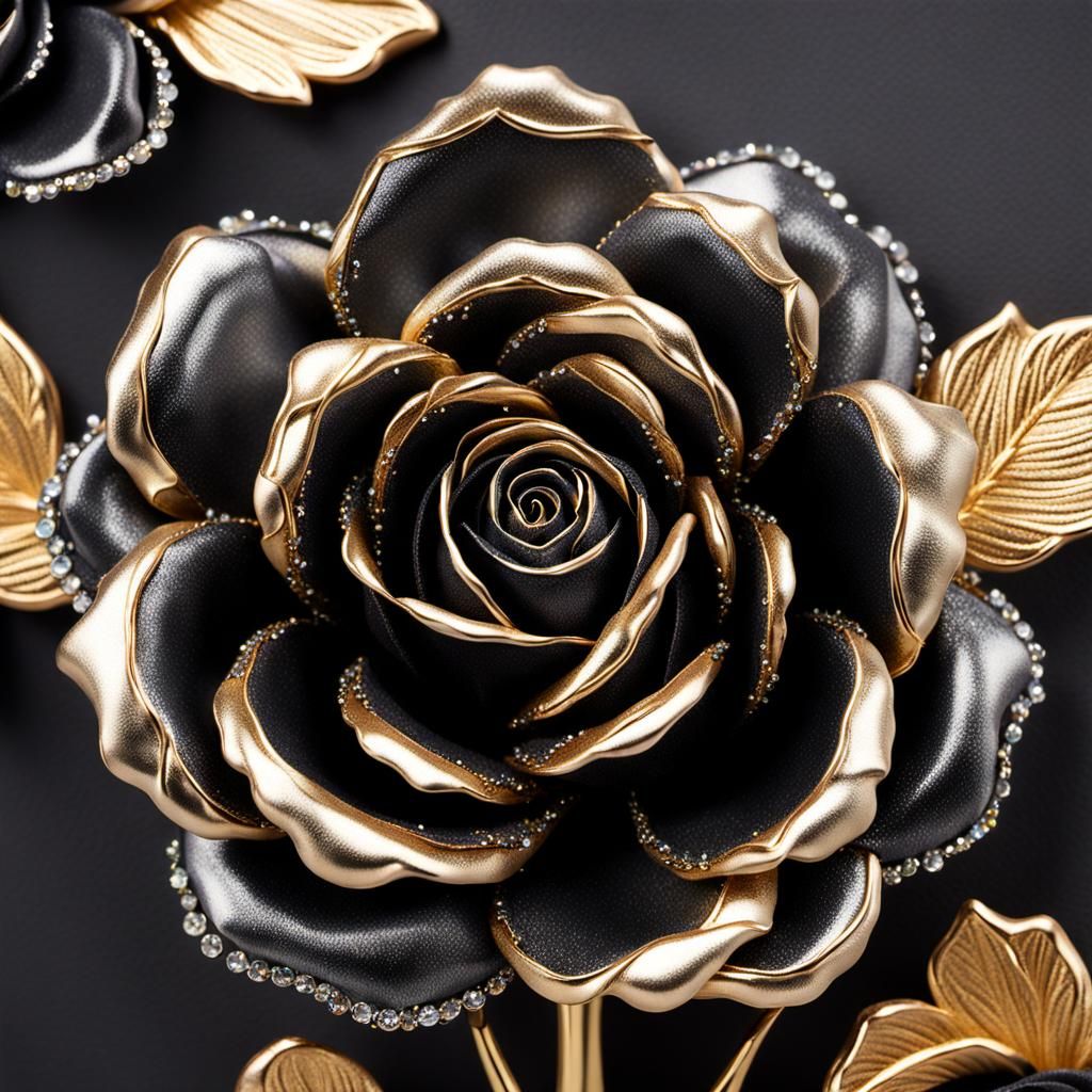 Metallic Black Rose with Gold Streaks and Crystals