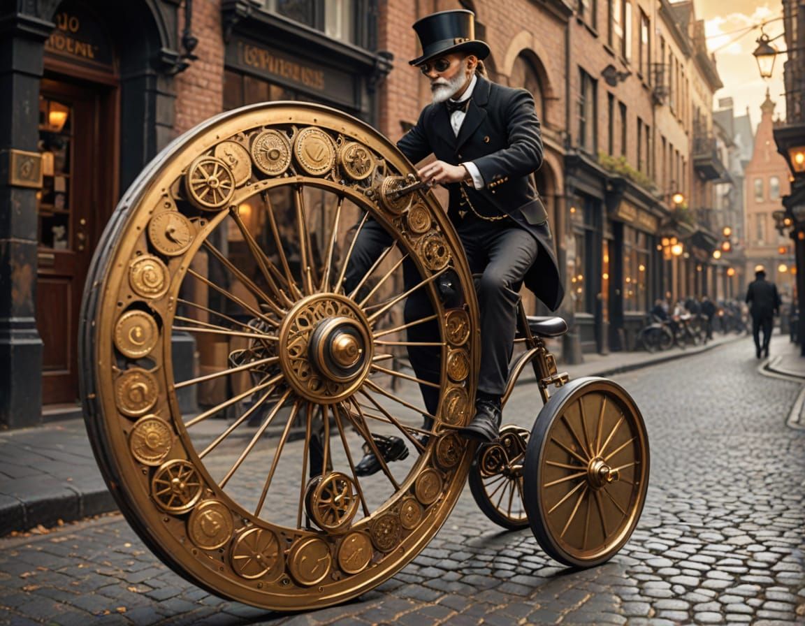 Steampunk Pennyfarthing Bicycle with Coin Wheels in Golden L...