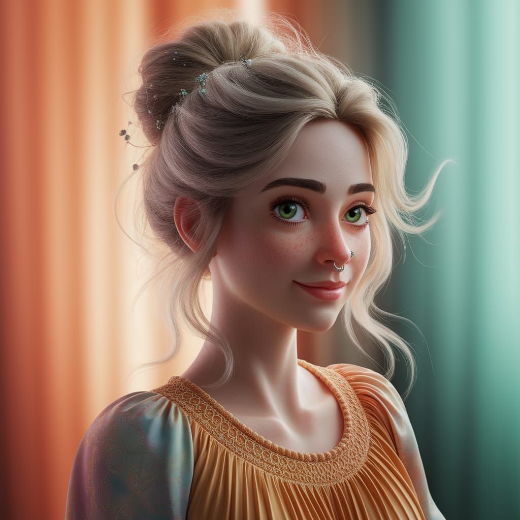 Woman with Green Eyes in Pastel Hues