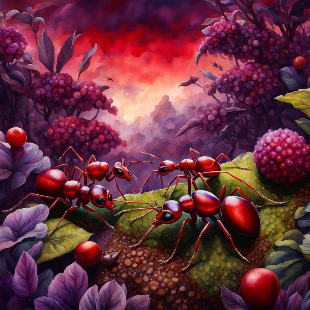 Hyperrealistic Watercolor Ants in a Whimsical Wilderness