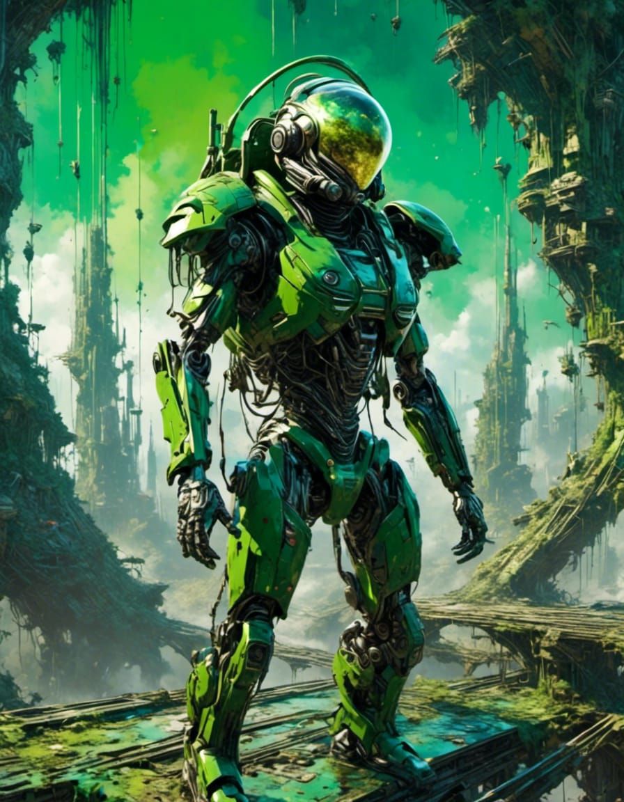 Green colored Cyborg on a Spaceship bridge Unreal Engine 5 8K resolution <lora:Splatter Graffiti:1.0> <lora:Splashter-pi...