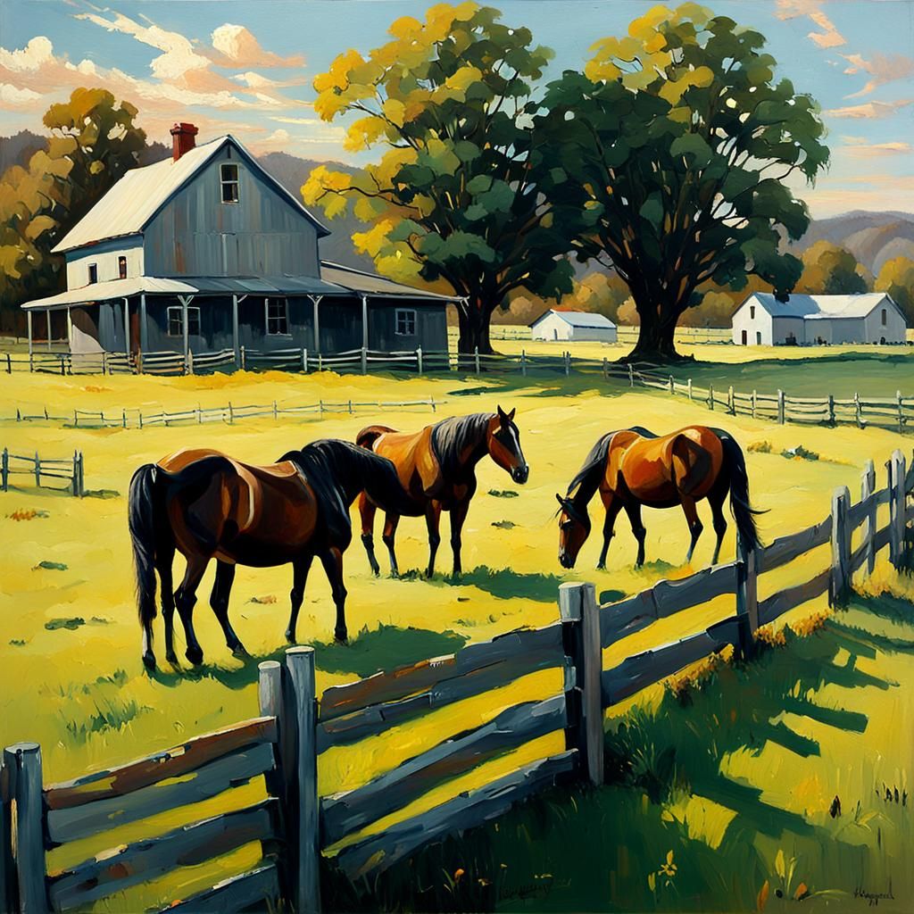 Horses Graze in Sunlit Pasture: Oil Painting
