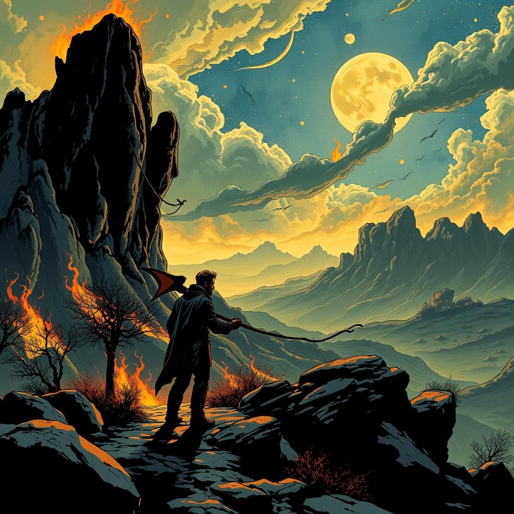 Fiery Landscape of Eyes and Wounds in Comic Art Style