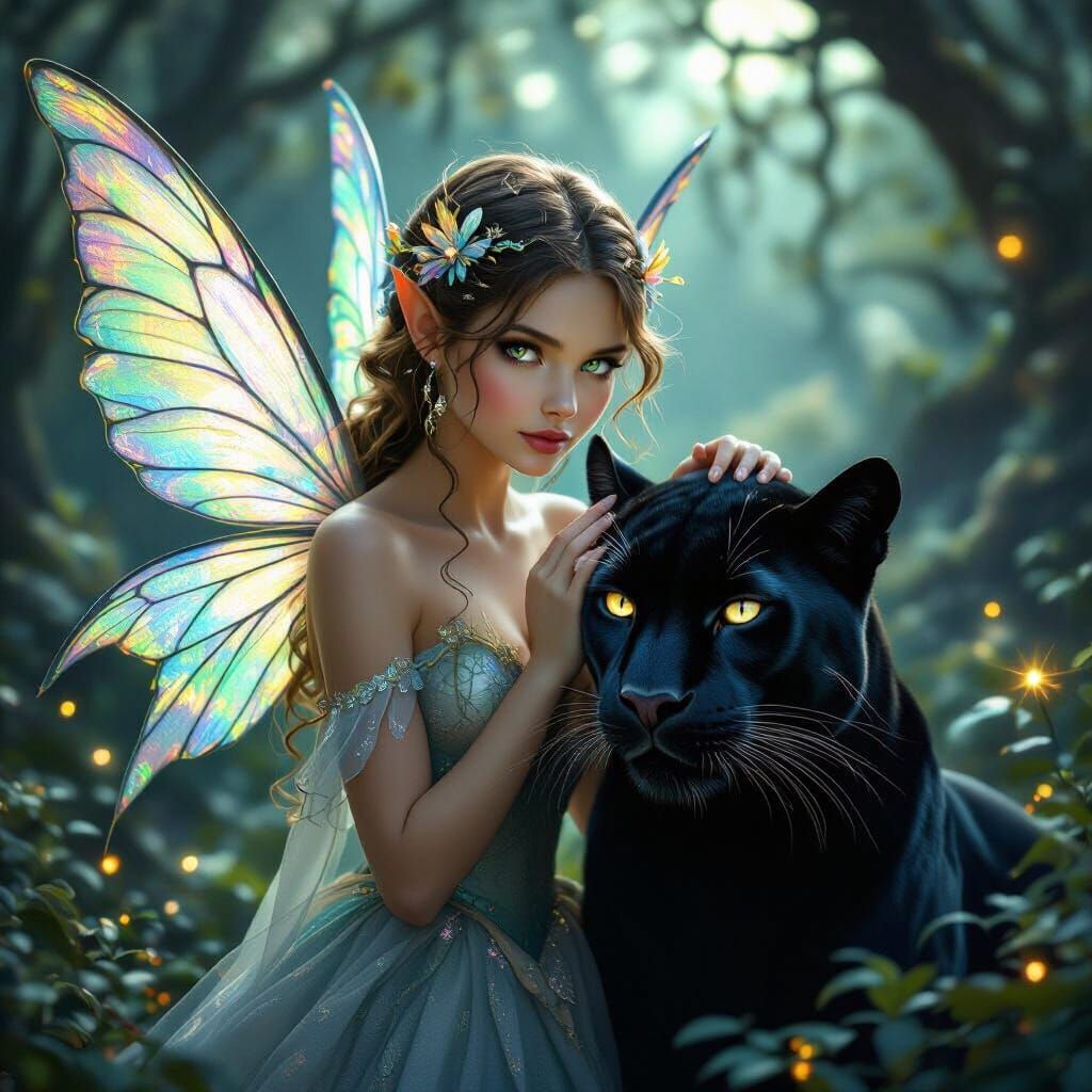 Fairy and Panther in Moonlit Forest