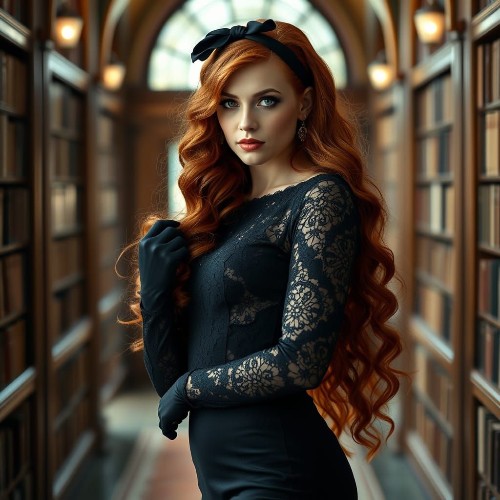 Art Nouveau Lady in Library With Red Hair