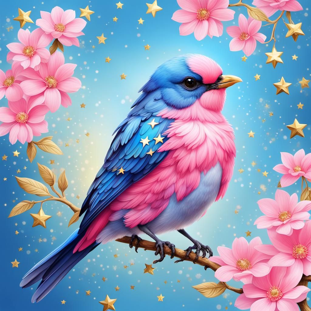 Adorable Blue and Pink Bird with Gold Stars