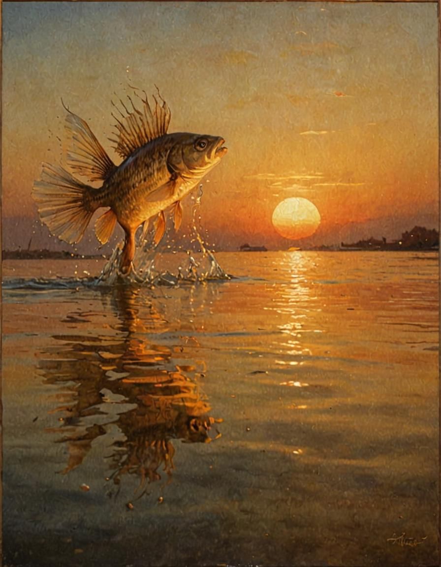 Fish Leaping at Sunset: Dramatic Oil Painting