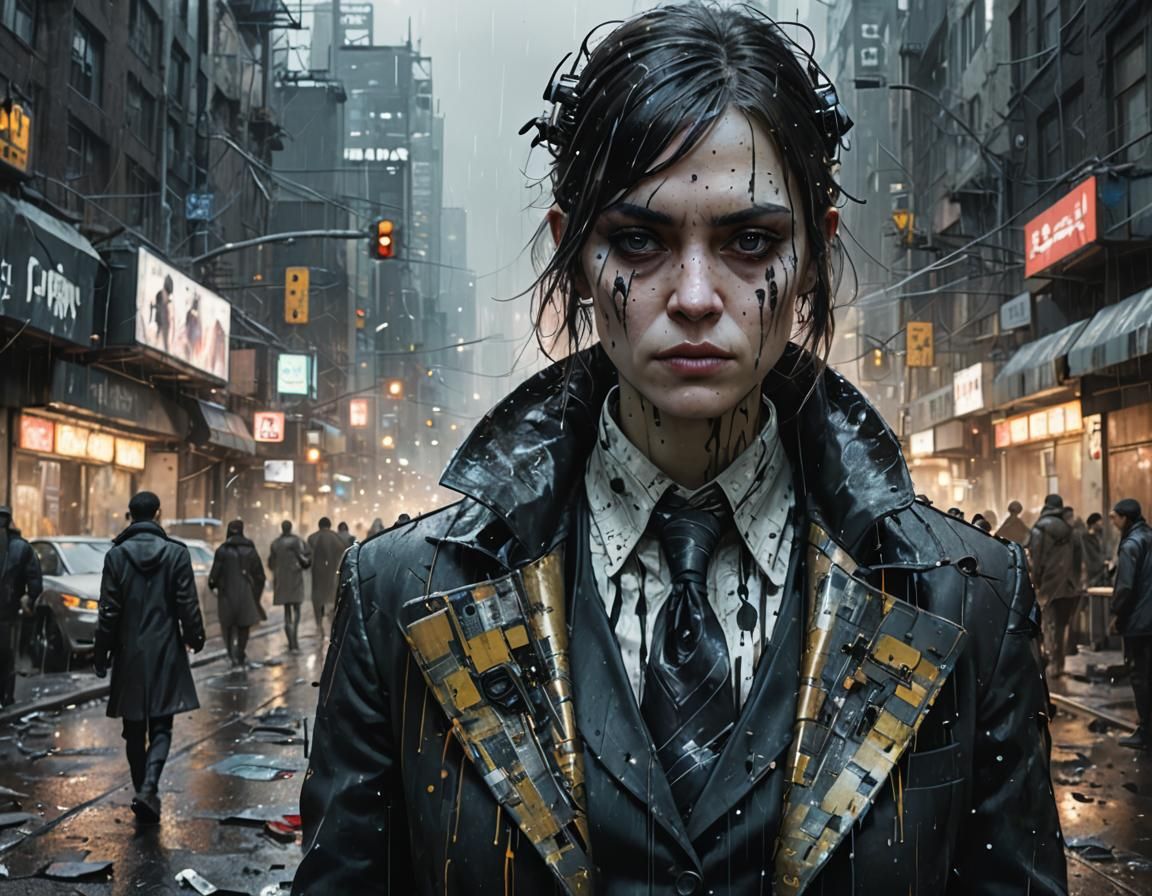 Cyberpunk-Inspired Female Penguin in a Gotham Cityscape