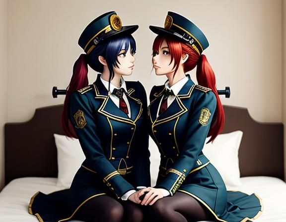 Steampunk Anime Twins Kissing in Bedroom