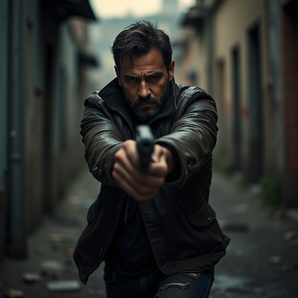Intense Man Points Gun Downwards: Cinematic Photo