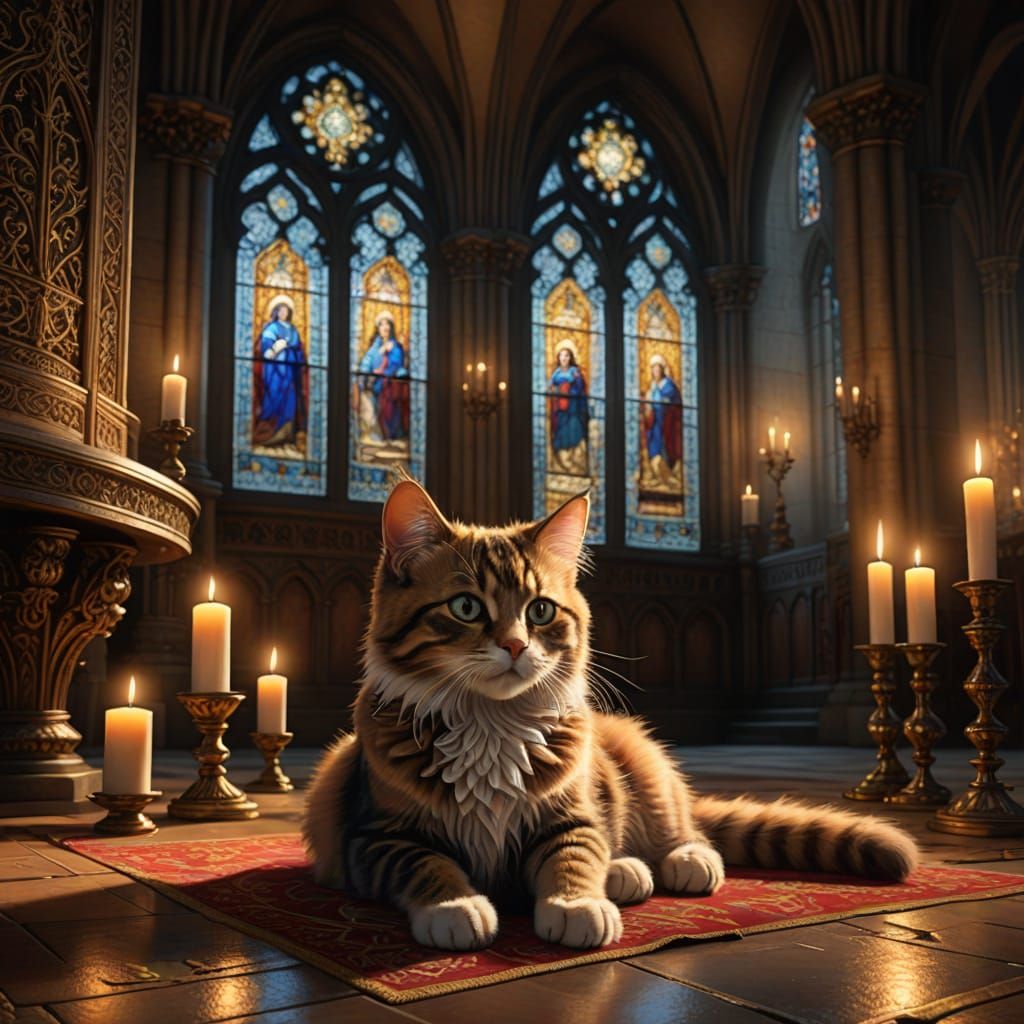Ethereal Gothic Majesty: Fluffy Calico Kitten in Cathedral S...
