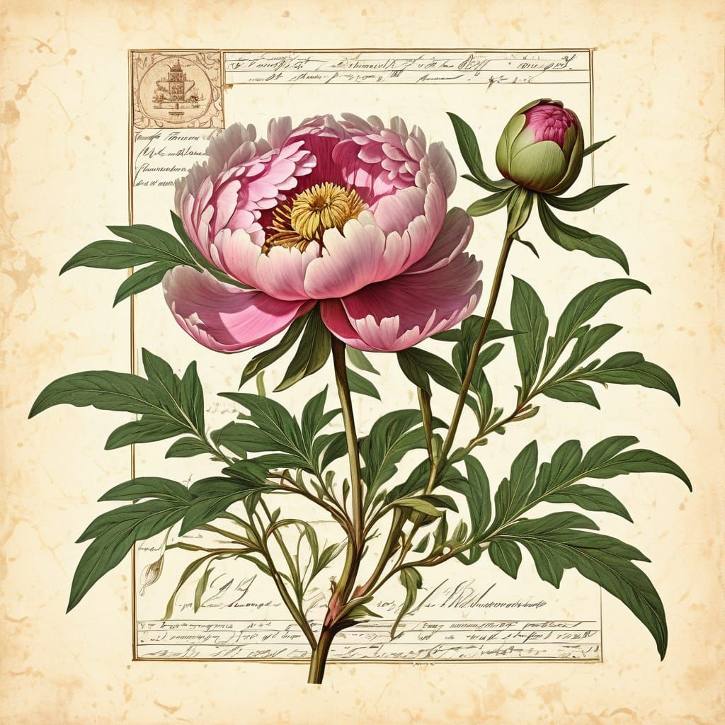 Peony Botanical Illustration in Renaissance Style
