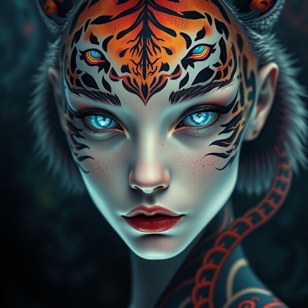 Woman with Tiger Tattoos: Ethereal Digital Portrait