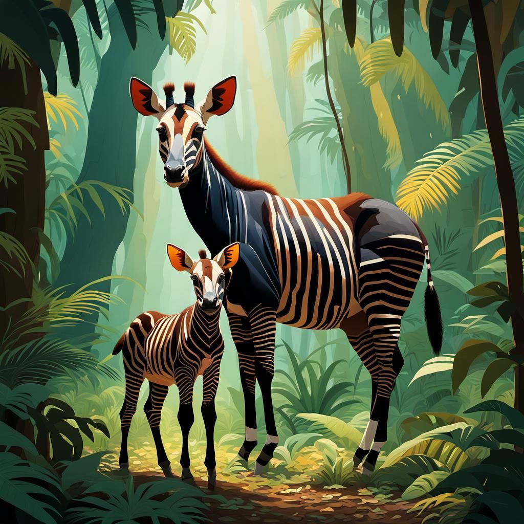 Okapi Mother and Calf in Jungle with Dynamic Lighting