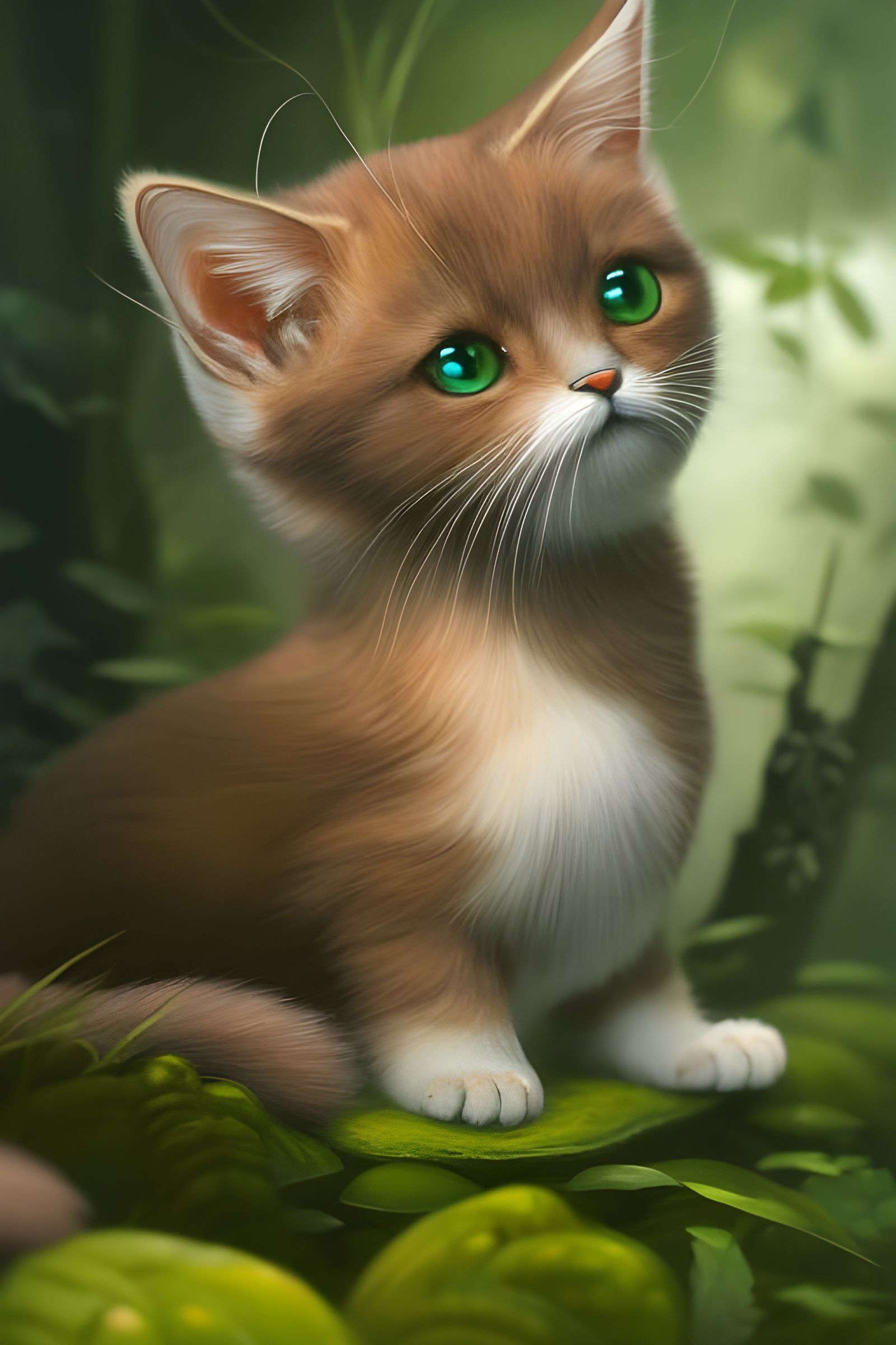 Detailed portrait of a cute cat, Chibi kawaii, brush stroked fur, Octane render, 3d, cat in the jungle, vegetation,   sy...