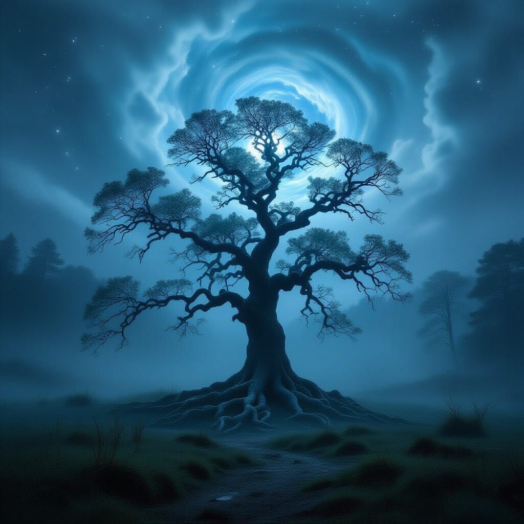 Ancient Tree Under Starry Sky in Misty Clearing