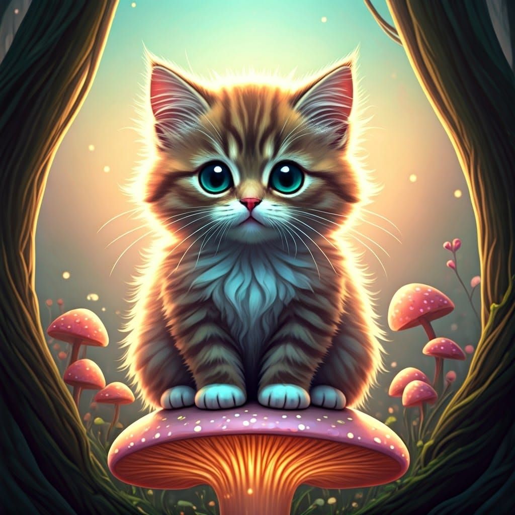 Kawaii Kitty on Mushroom in Glowing Forest