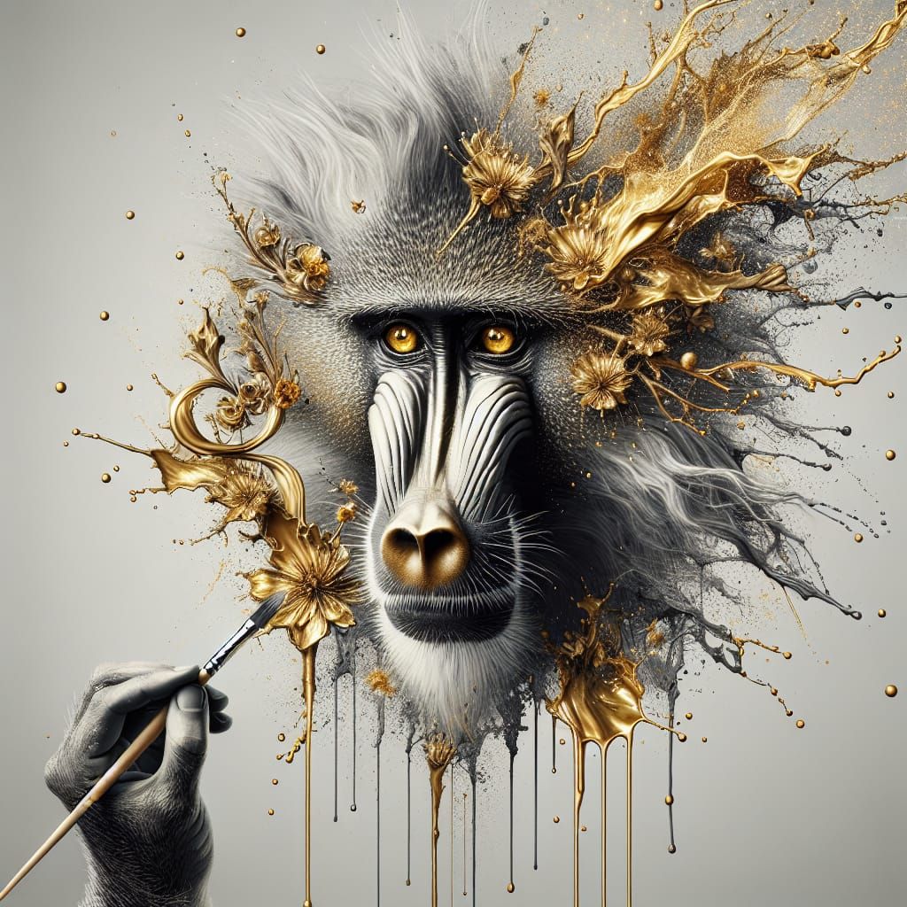 Golden Baboon Portrait Unfolds from Splattered Paint in Mode...