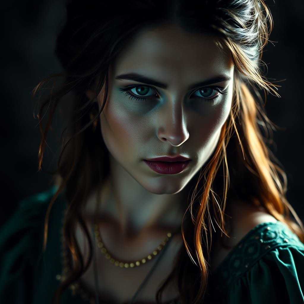 Mystical Woman in Emerald Dress Portrait