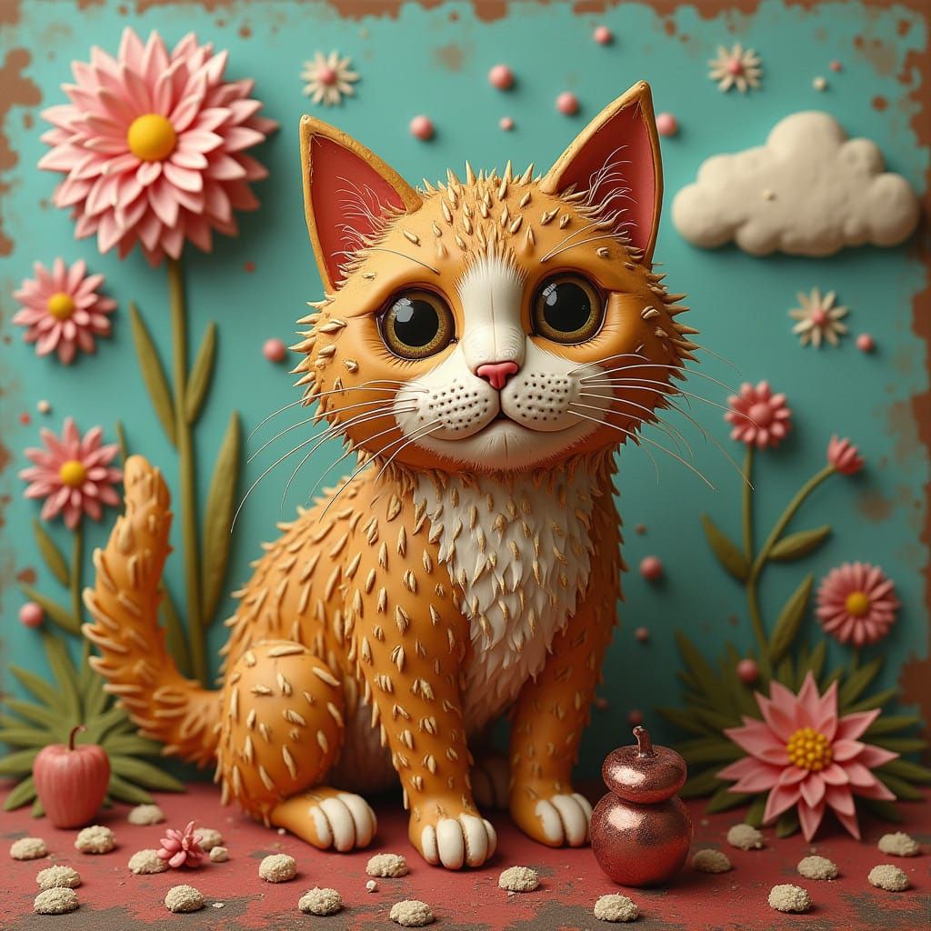 Vibrant Pop Surrealist Gingerbread Cat Portrait in Oils