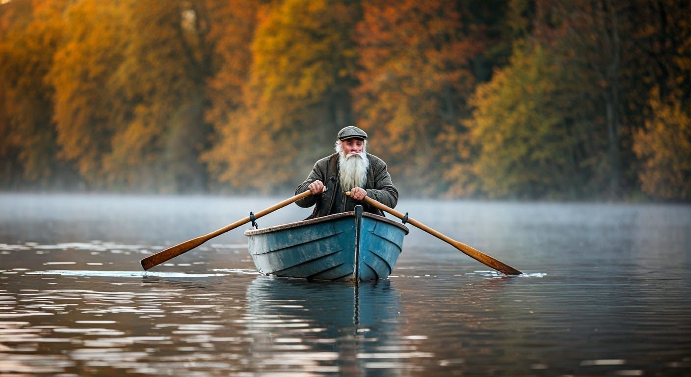 Fisherman on Autumn Lake in Romantic Style