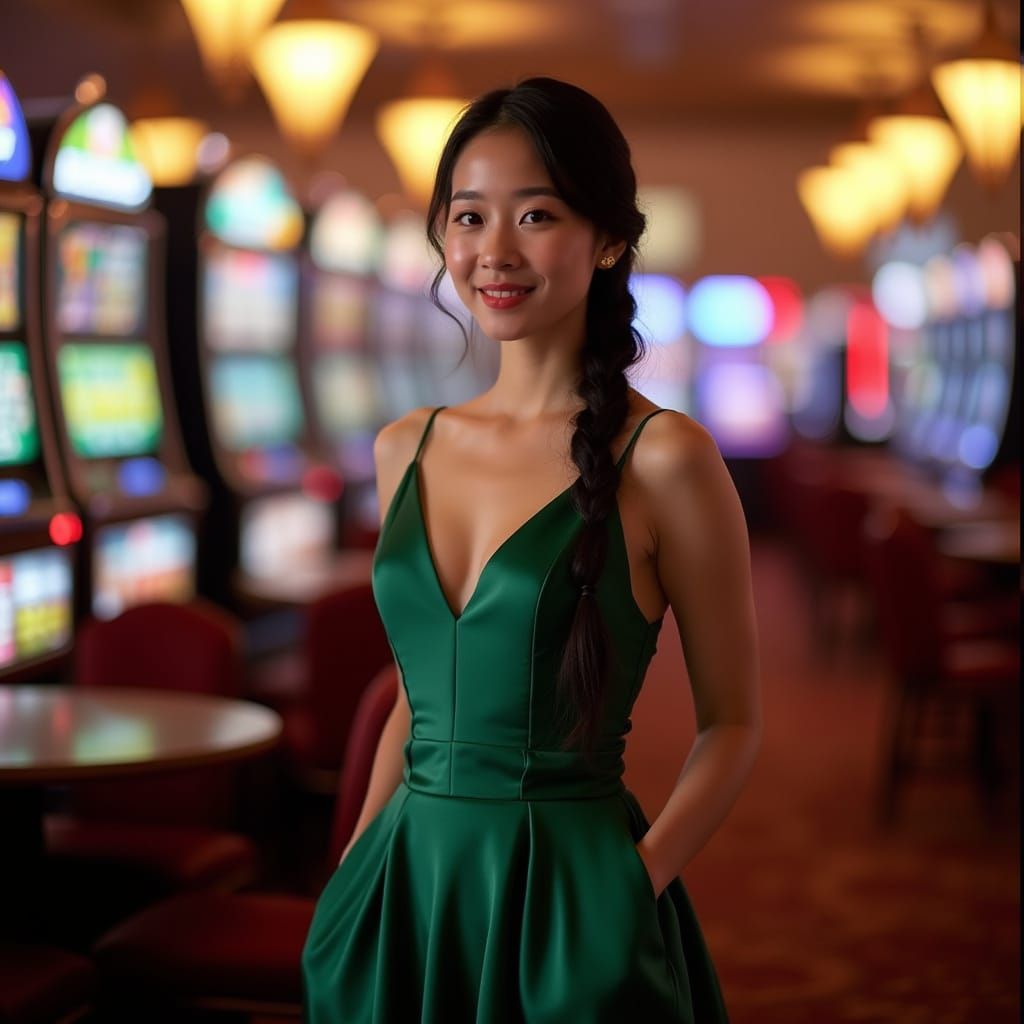Elegant Asian Woman in Cocktail Dress at Casino