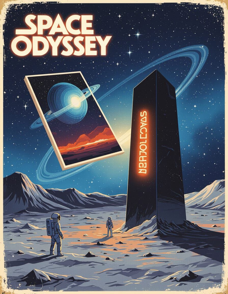 Space Odyssey Poster Above Moon Crater with Monolith