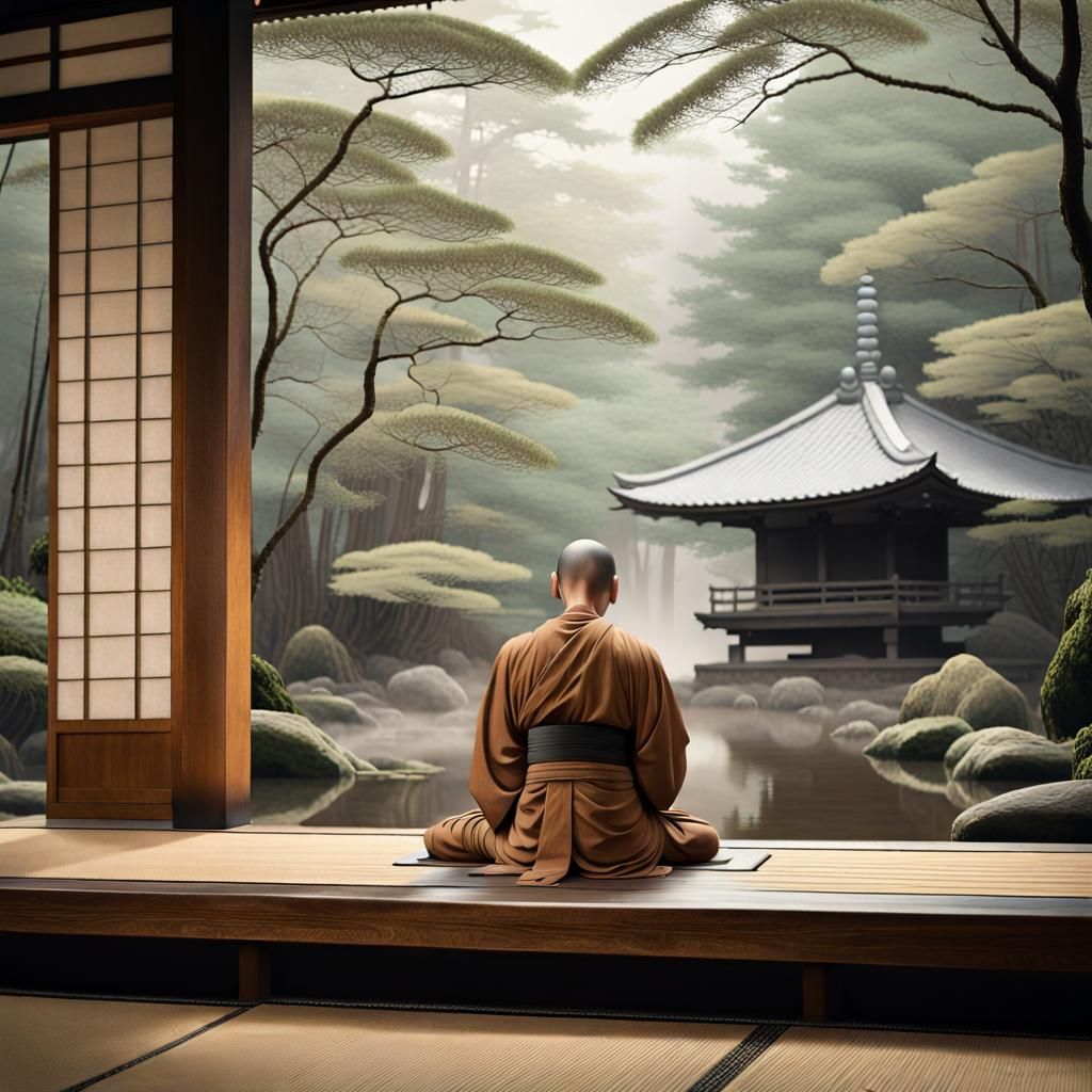 Monk Meditating by Waterfall: Ukiyo-e Style Illustration