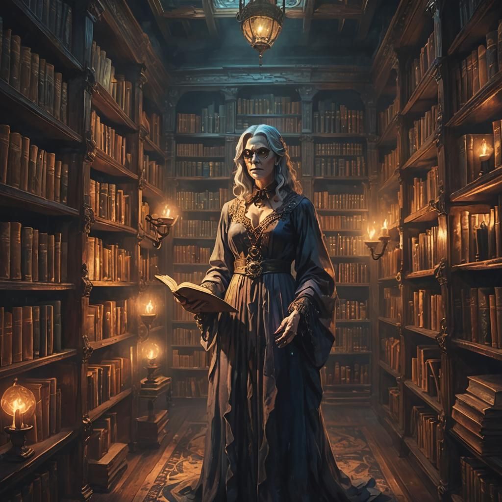 Haunted Library: Ghostly Librarian in Dark Fantasy Art