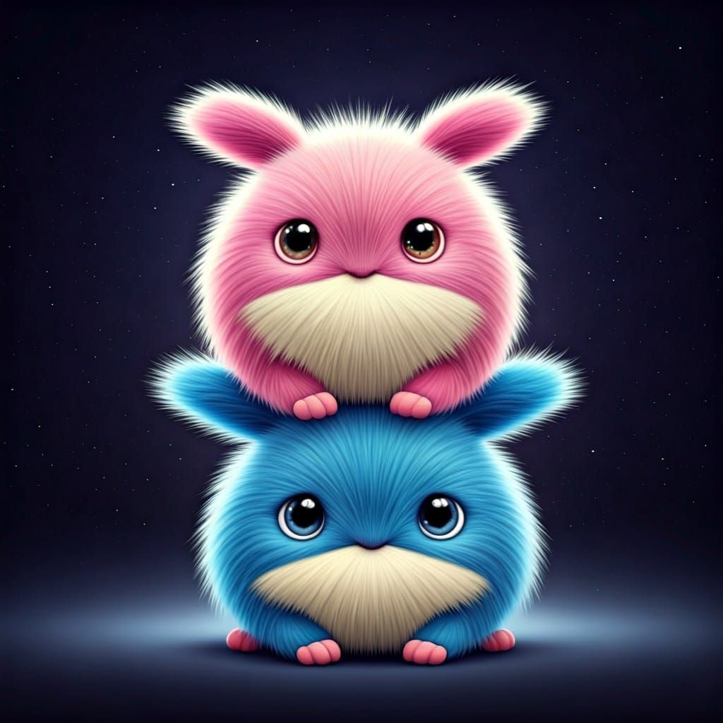 Fuzzy Pink and Blue Creatures Under Starry Sky