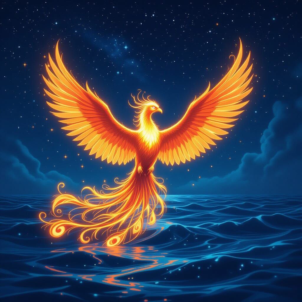 Glowing Phoenix Reborn Under Starry Ocean