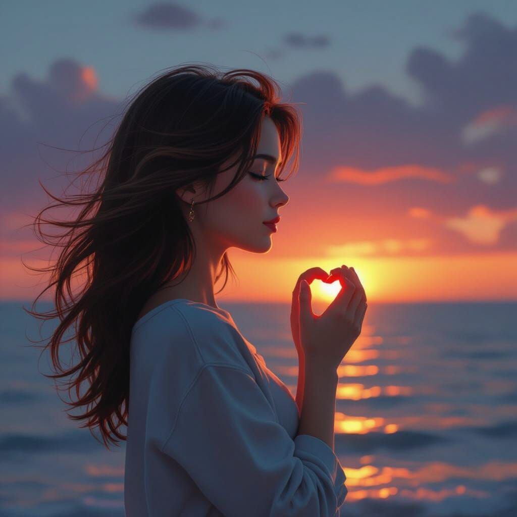Girl with Heart Hands at Sunset, Hyperrealistic Style