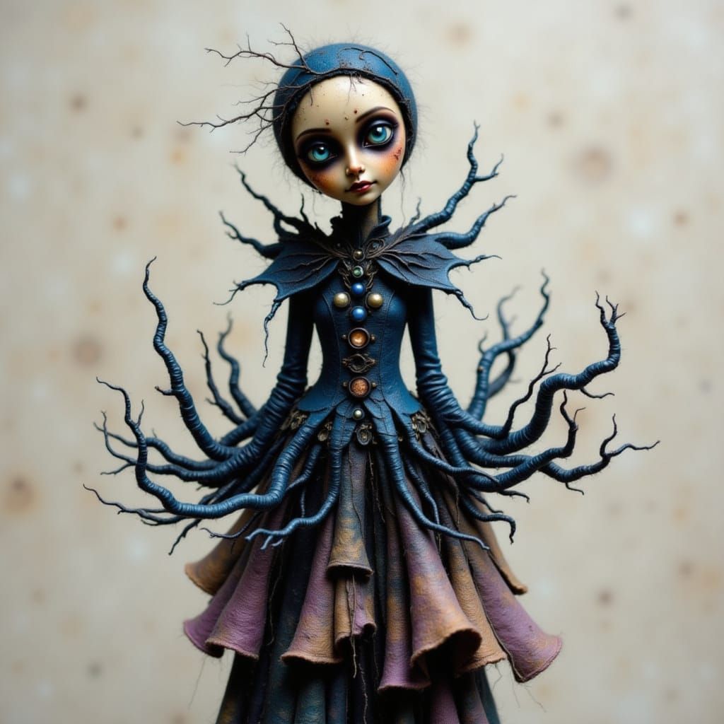 Creepy Antique Felt Doll in Eerie Whimsical Style
