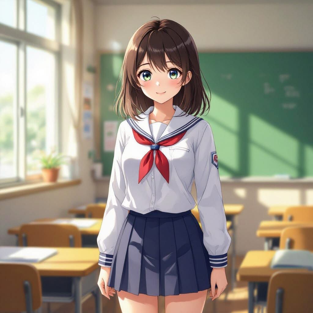 Anime Girl in Student Uniform in Sunlit Classroom