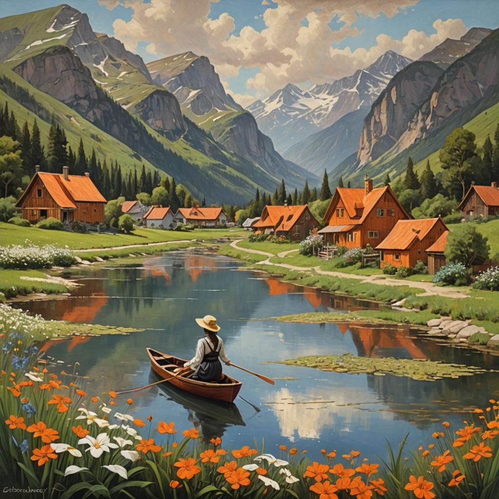 Cute Girl in Boat on River: Oil Painting