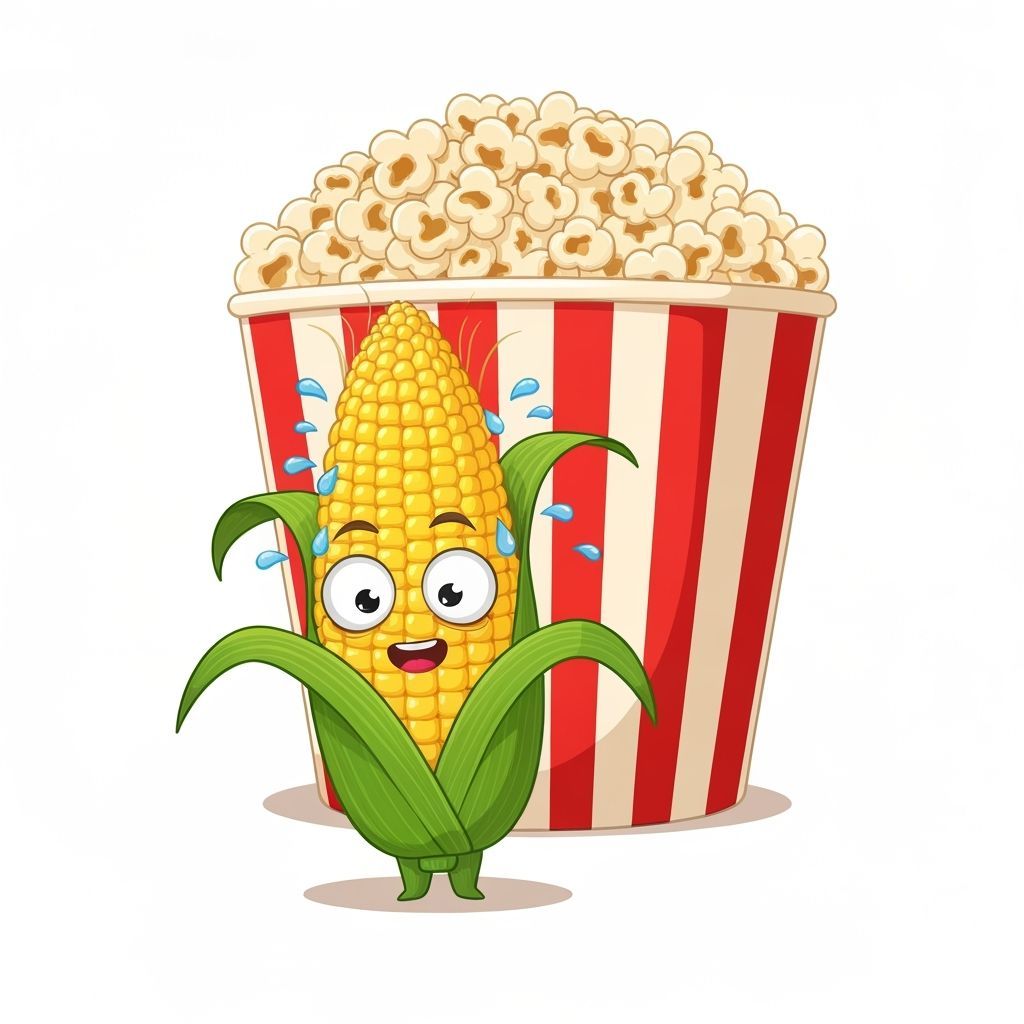 Anxious Corn Cob Popping Kernels Near Bucket of Popcorn