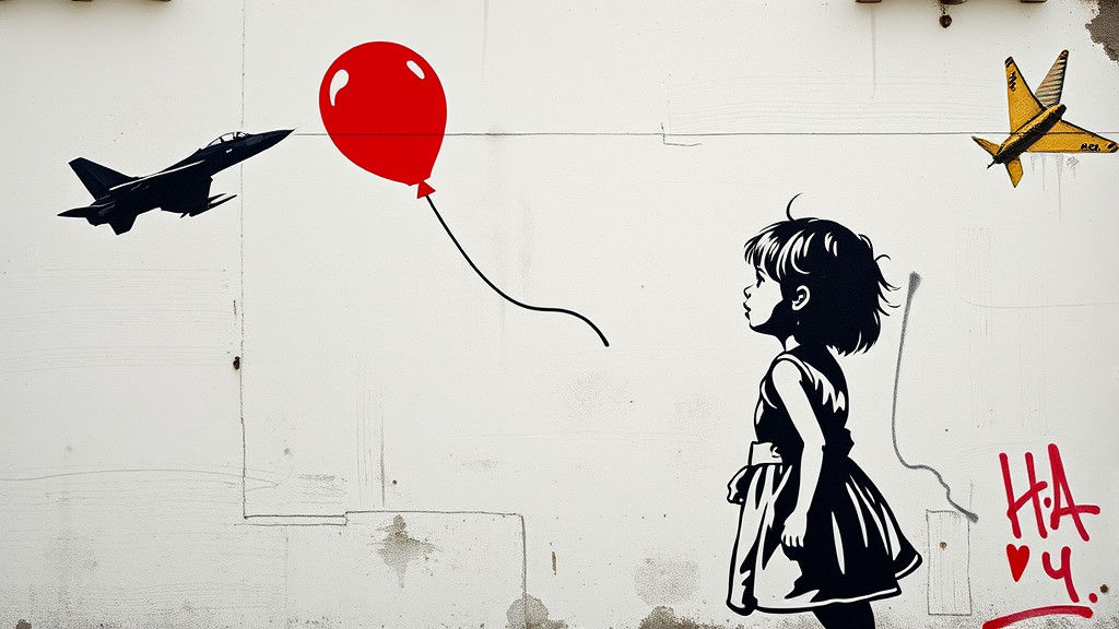 graffiti of a little girl with a red balloon flying away in the style of Banksy with a jet6 fighter strafing the balloon...
