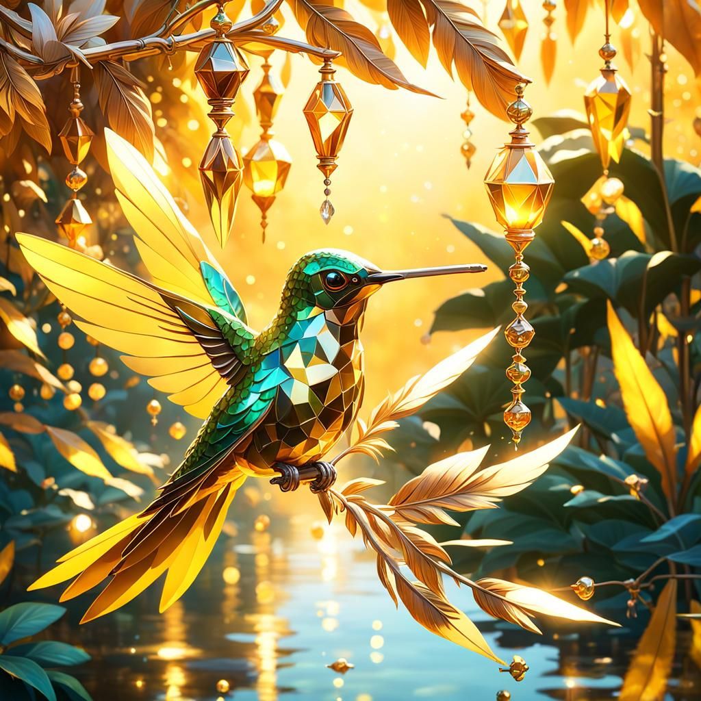 Golden Crystal Hummingbird Over Pond: Hyperdetailed Art