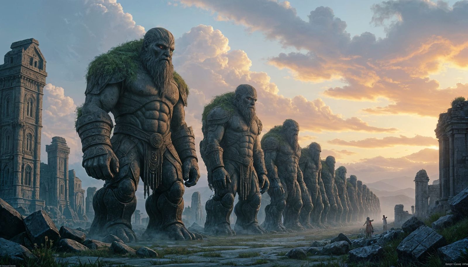 Mossy Colossal Golems Guard Ancient Ruined City