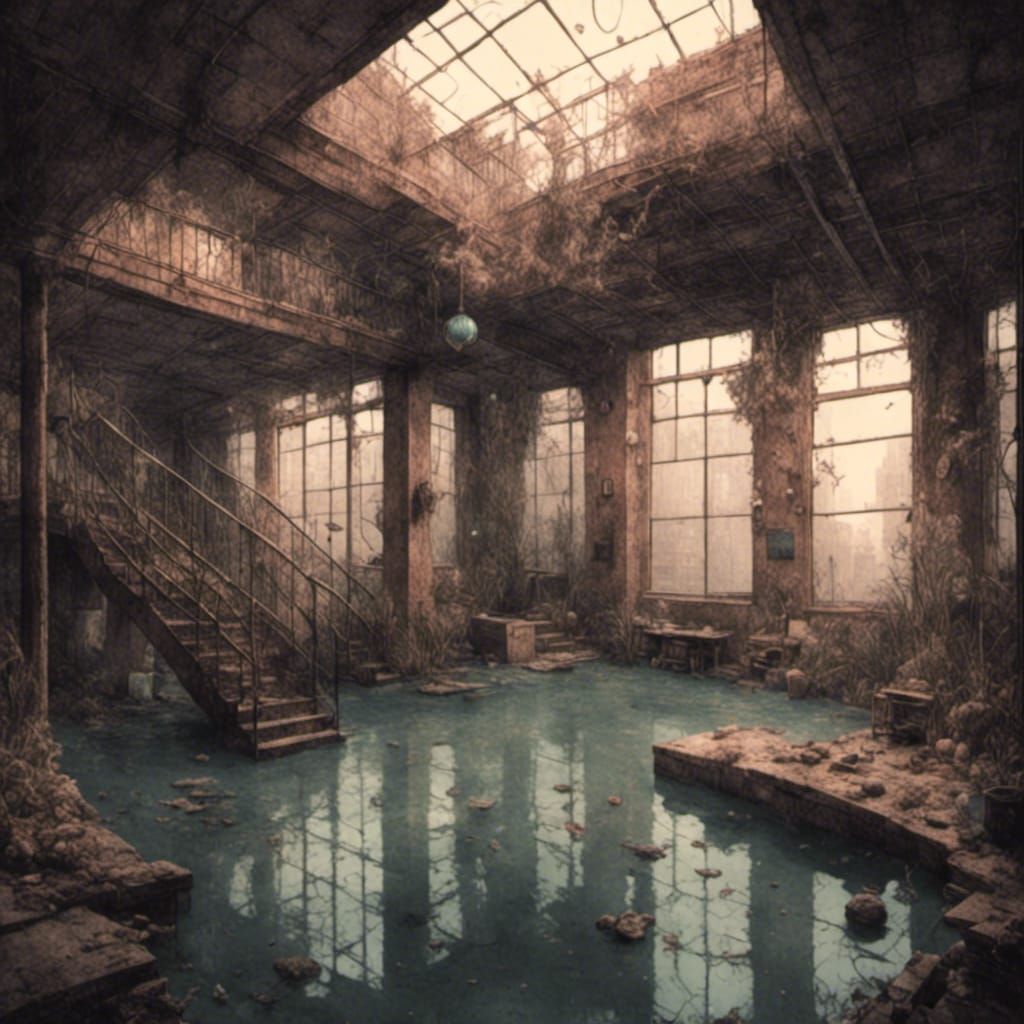 Underwater Apartment in Gritty Pastel Linocut Style