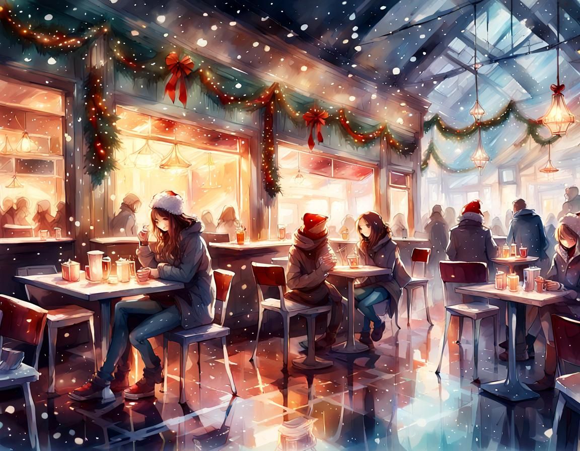 Christmas Cafe in Digital Watercolor Splash Art